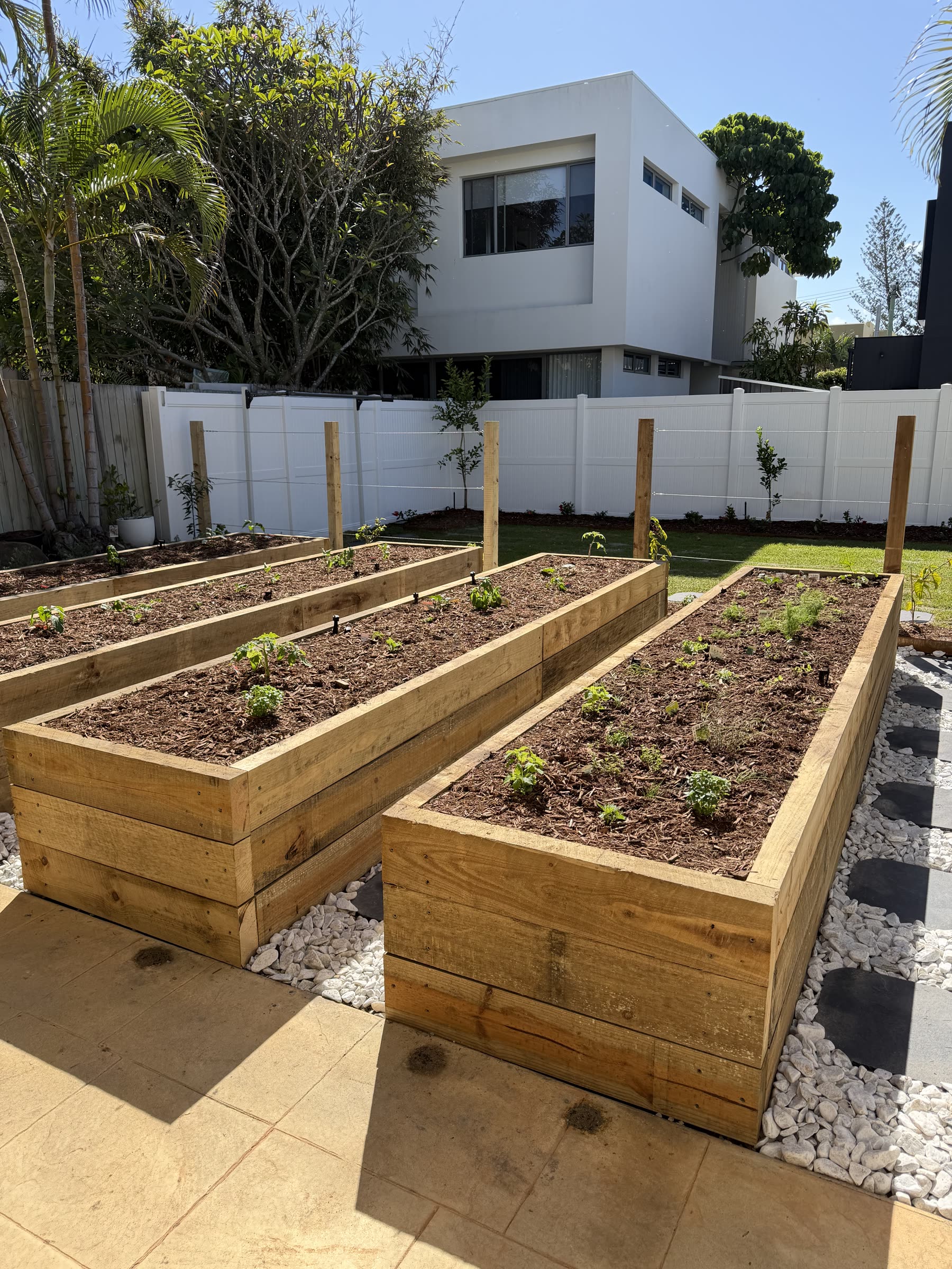 Timber garden beds and white pebble paths, Mermaid Beach